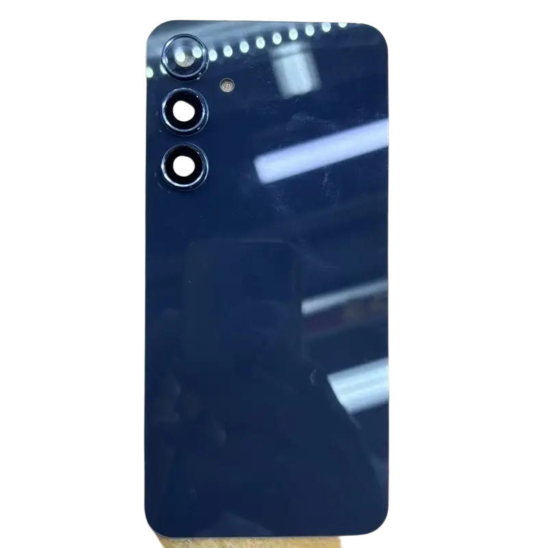 Black glossy glass back panel of galaxy a55 5g with vertical triple-camera array and small circular sensor