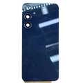 Black glossy glass back panel of galaxy a55 5g with vertical triple-camera array and small circular sensor