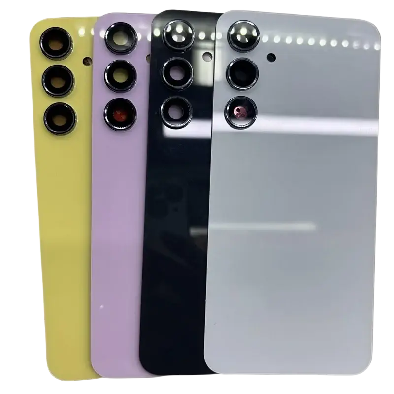 Four galaxy a55 5g glass back cover replacements in yellow lavender black and white with vertical multi-lens camera module