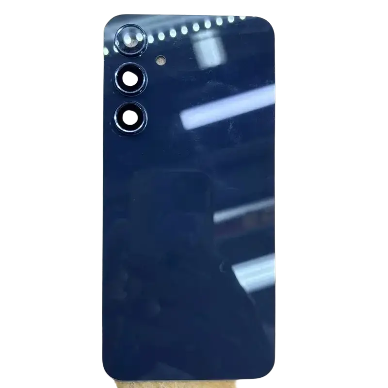 Back side of a sleek glossy navy blue galaxy a55 5g glass cover housing replacement with vertical triple camera array