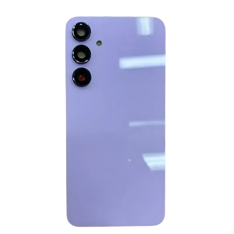 Back side of sleek lavender galaxy a55 cover housing replacement with glossy glass finish and three vertical cameras