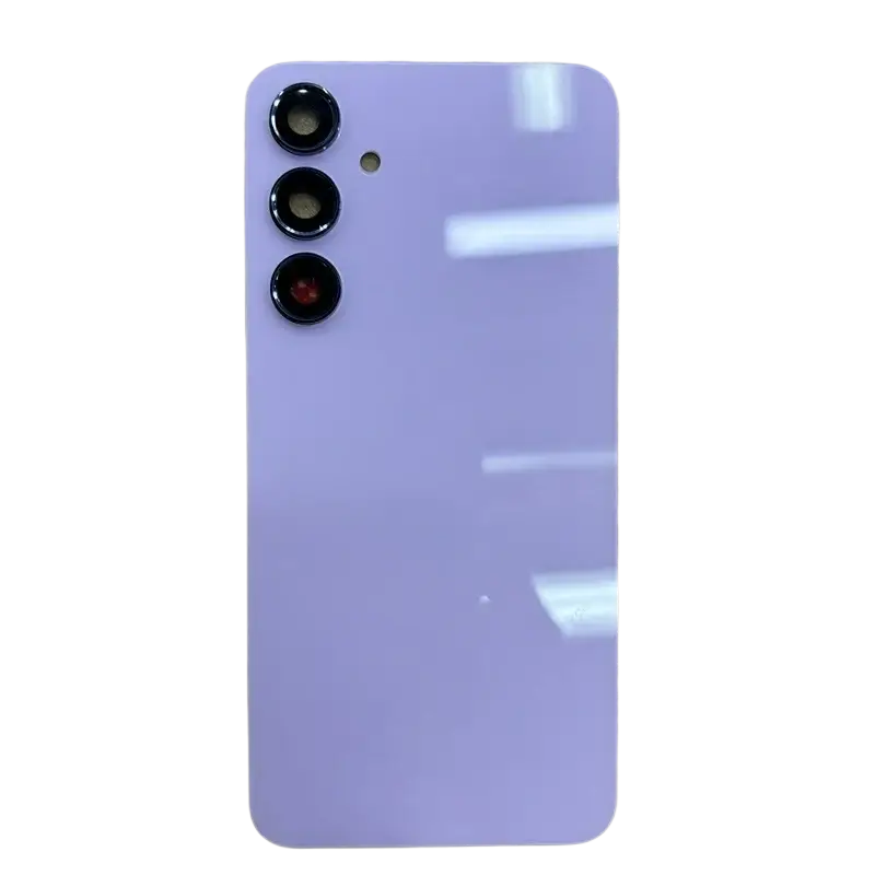 Back side of a sleek lavender galaxy a55 5g smartphone glass back cover housing replacement with three vertical cameras
