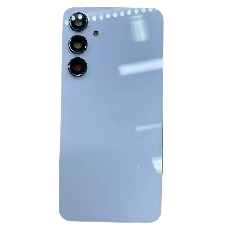 Back side of a sleek light blue Galaxy A55 5g glass back cover housing replacement with three vertical cameras