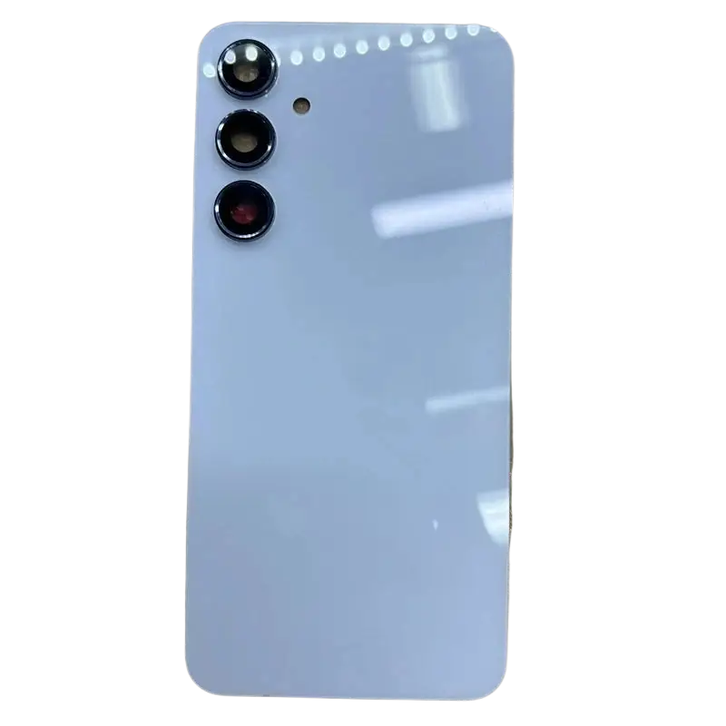 Back side of a sleek light gray Galaxy A55 5g smartphone with glass finish and three vertical camera lenses housing replacement