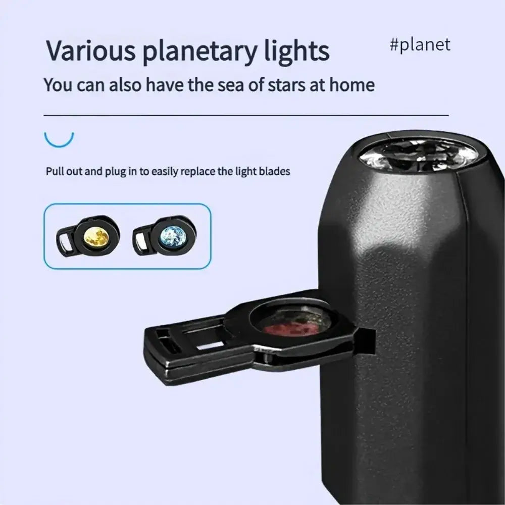 Black plastic galaxy projector led night light with interchangeable led blades featuring illuminated planets like earth and moon