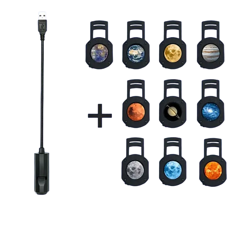 Black usb-powered led galaxy projector night light with flexible cable and ten planet-themed decorative clips