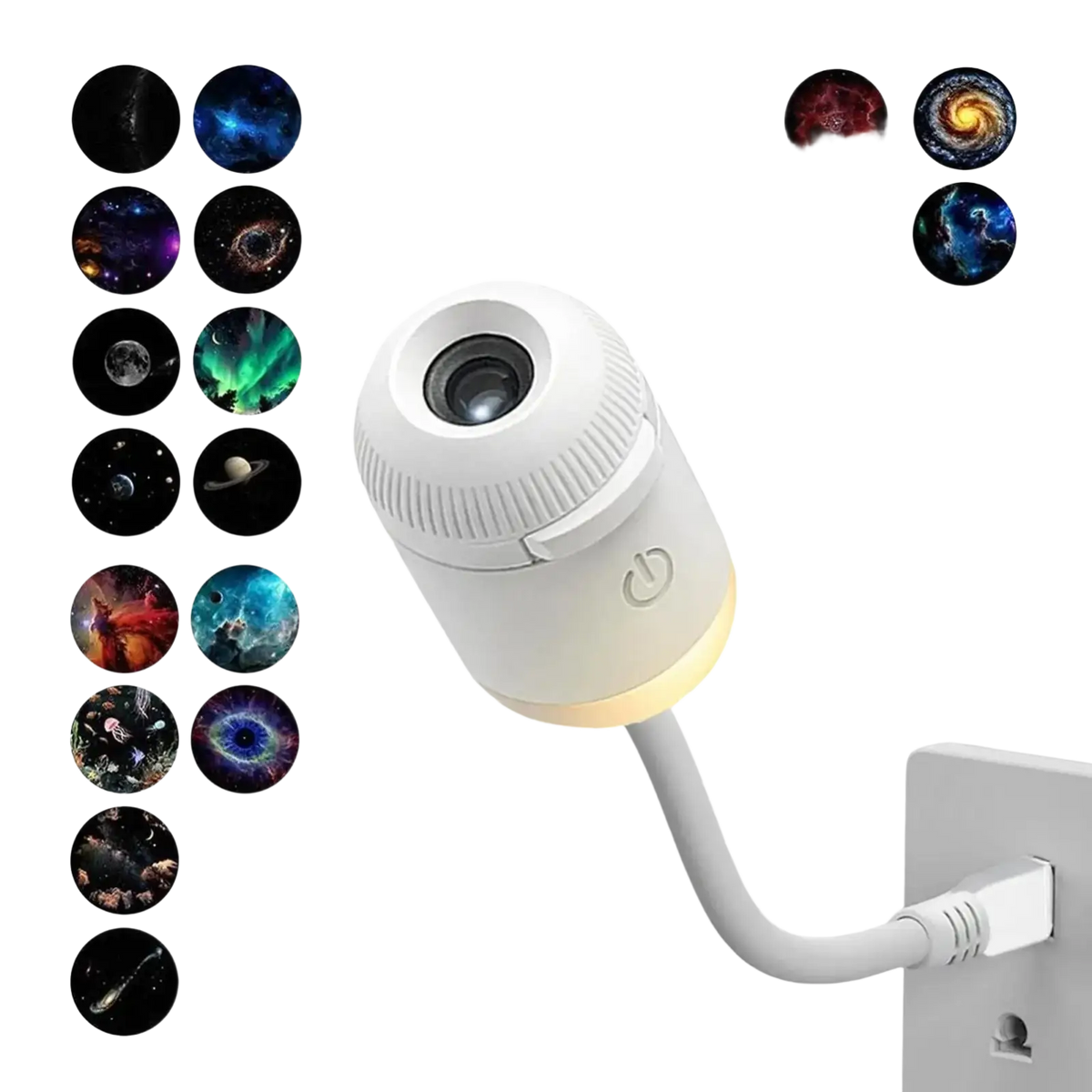 White plastic galaxy projector night light with curved neck power button and 16 cosmic galaxy projection patterns