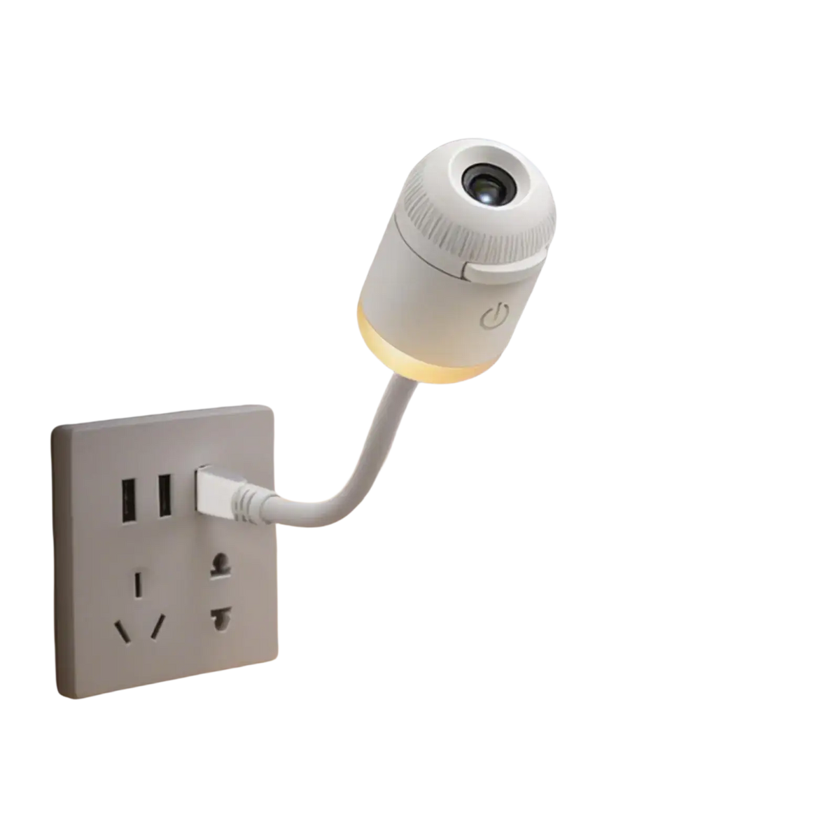 White plastic galaxy projector night light with flexible gooseneck and power button plugged into electrical outlet