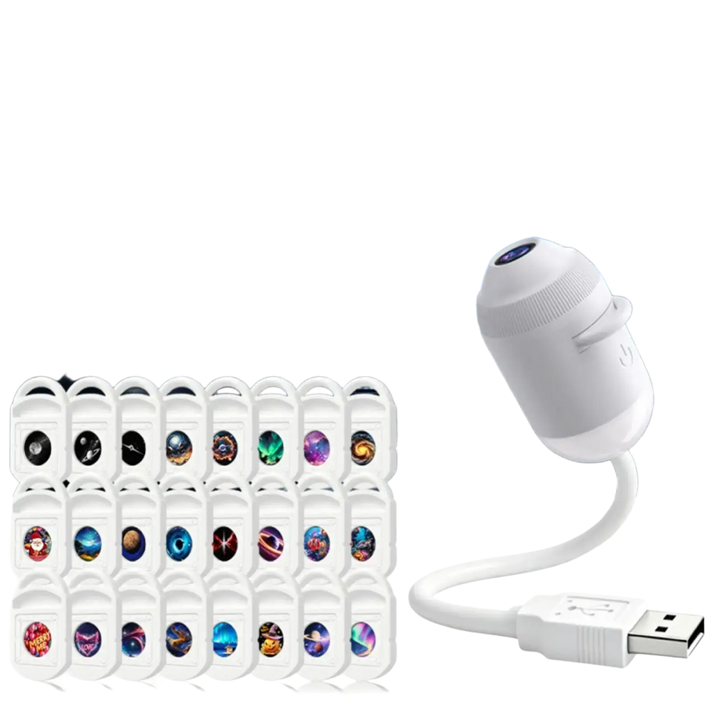 White usb-powered galaxy projector night light with flexible neck and 24 interchangeable starry pattern slides
