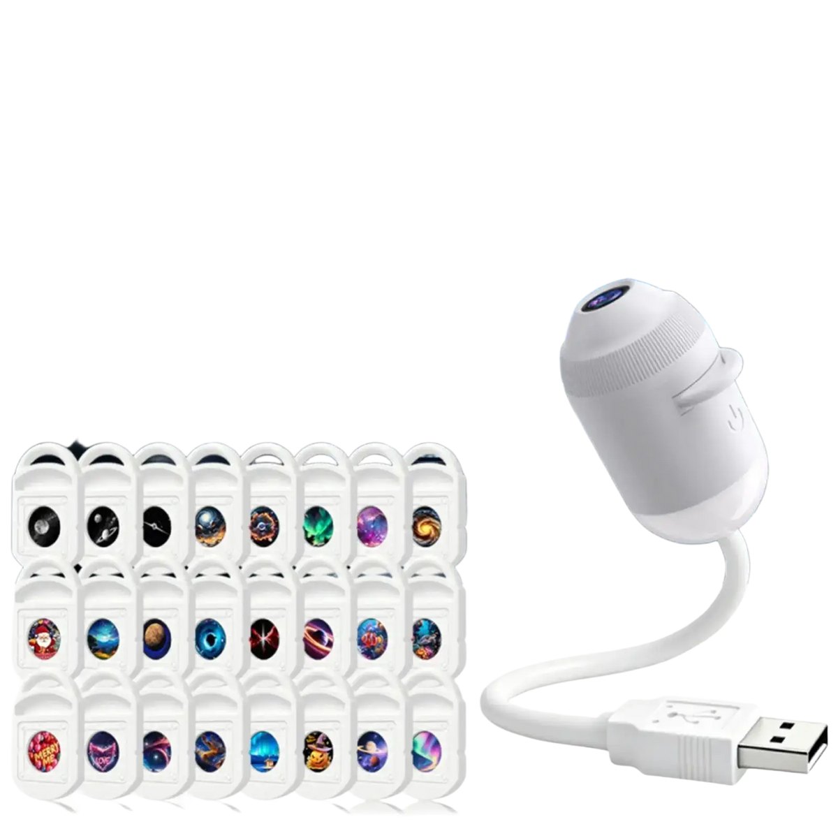 White usb-powered galaxy projector night light with flexible neck and 24 interchangeable starry pattern slides