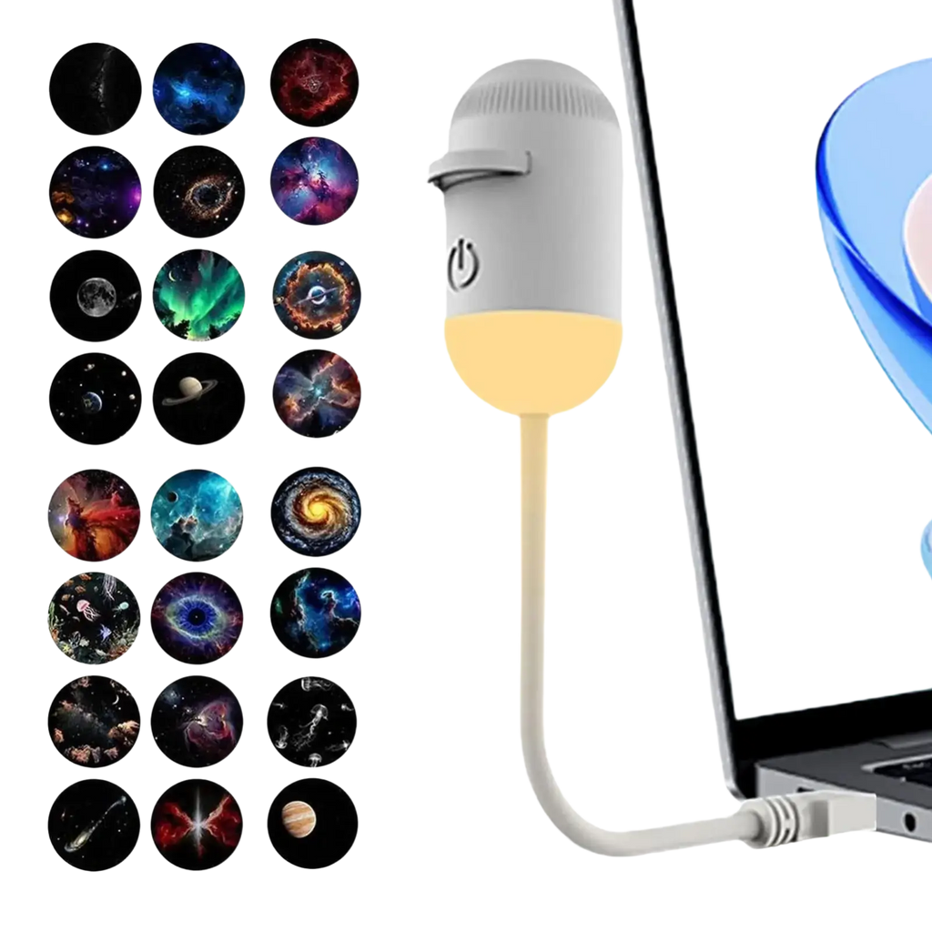 White usb-powered desk lamp with flexible neck and illuminated base used as galaxy projector night light with 24 slides