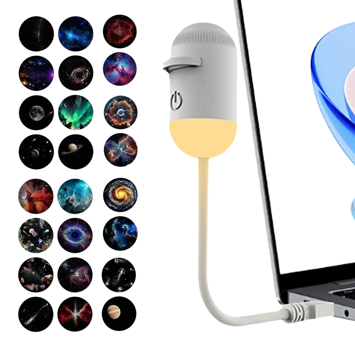 White usb-powered desk lamp with flexible neck and illuminated base used as galaxy projector night light with 24 slides