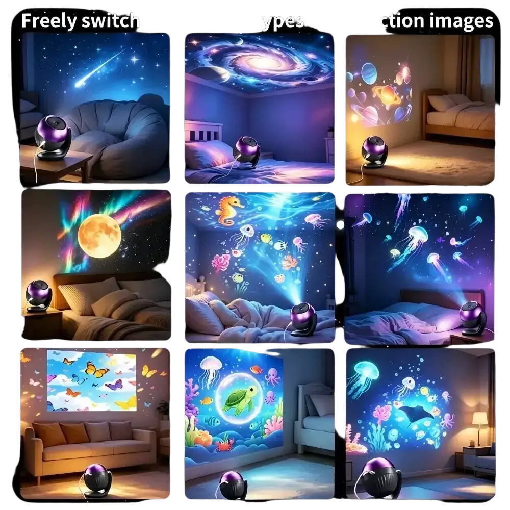 Purple and black glossy spherical galaxy projector night light casting 24 vivid projection images with sleep sounds