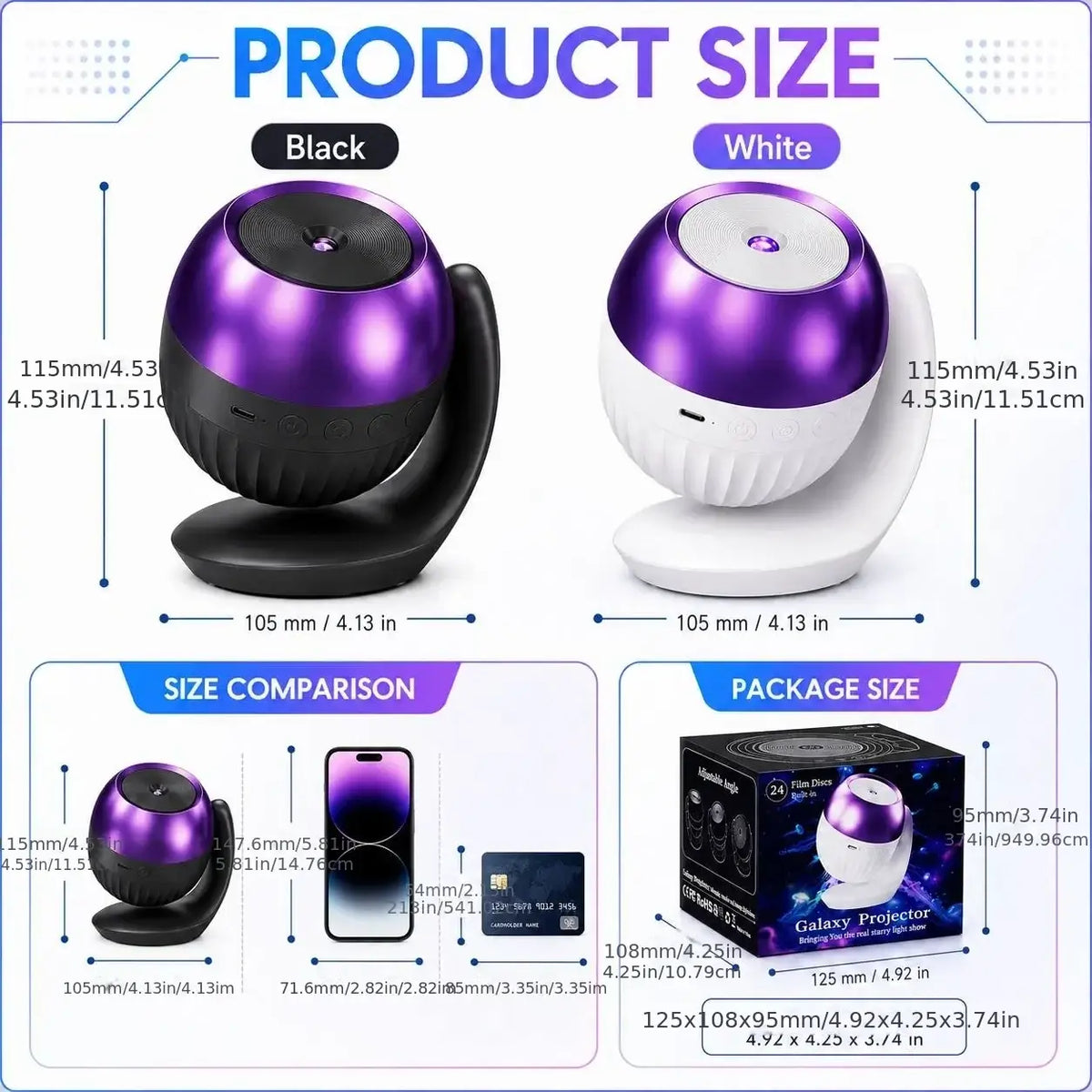 Galaxy projector night light with sleep sounds featuring a purple and black spherical Bluetooth speaker with curved stand