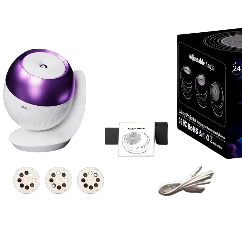Galaxy projector night light with sleep sounds in purple and white glossy spherical design for ambient lighting