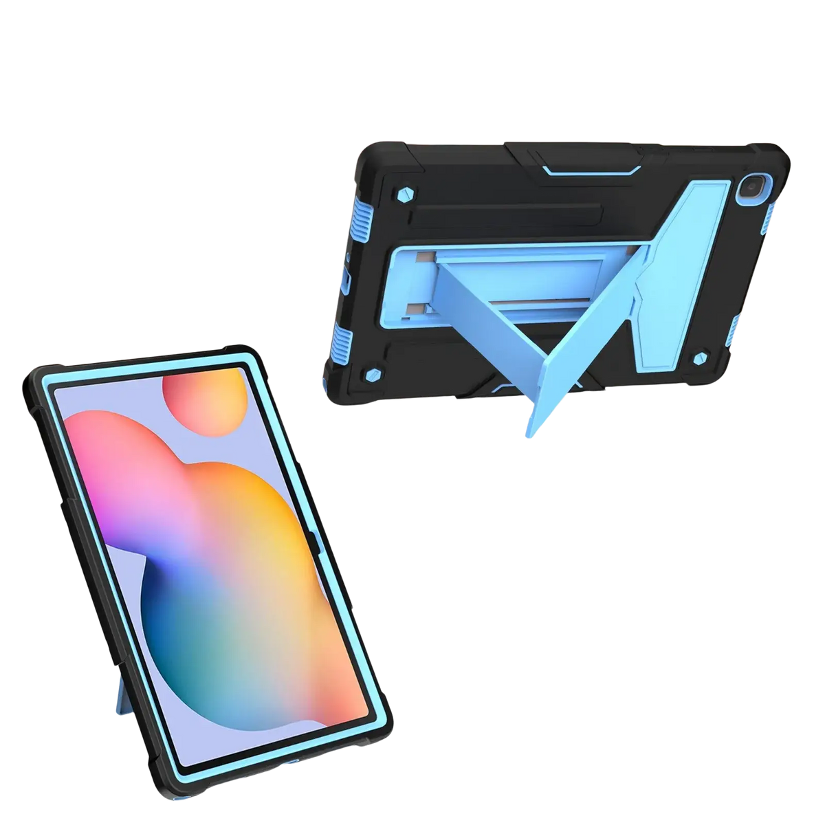 Black and light blue dual-layer rugged shockproof case with built-in kickstand for galaxy tab a7 10.4 back side view