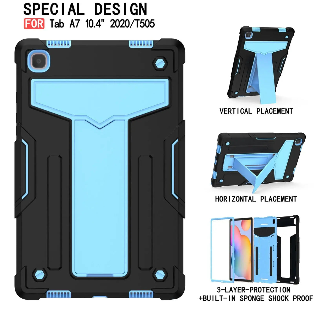 Black and light blue rugged shockproof tablet case with built-in stand for galaxy tab a7 10.4 vertical and horizontal use