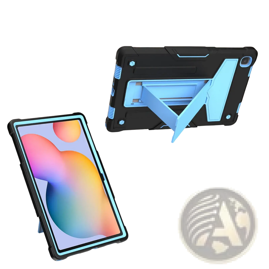 Black and light blue dual-layer rugged shockproof case with built-in kickstand for galaxy tab a7 10.4 back side view