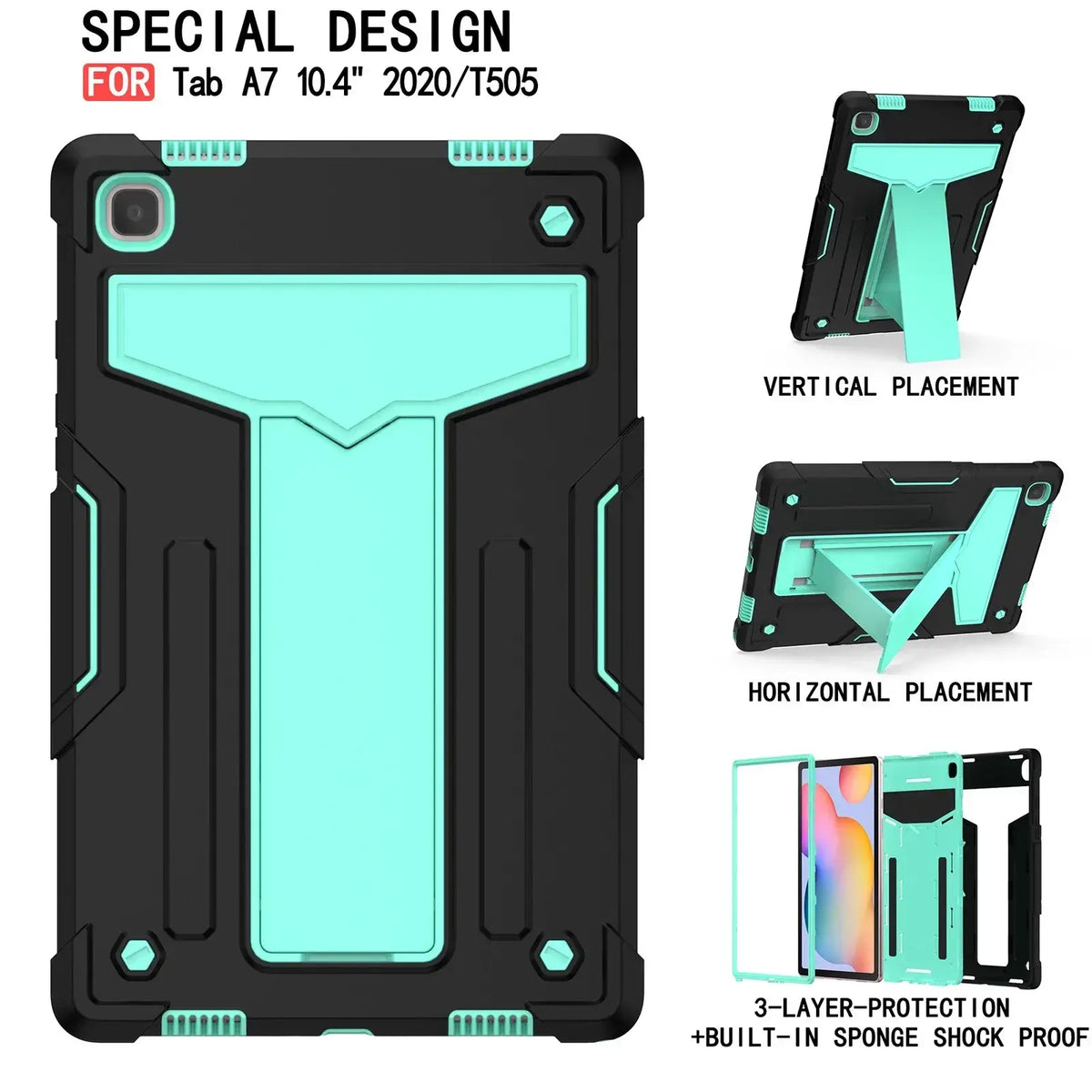 Black and teal rugged shockproof protective case with built-in stand and sponge layers for Galaxy Tab A7 10.4 back side