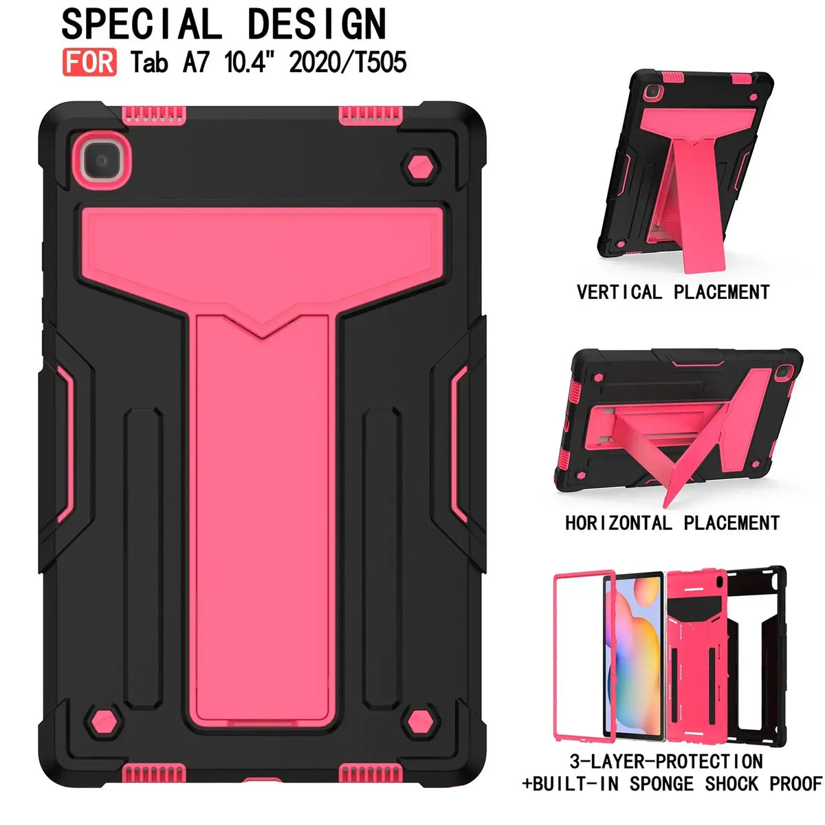 Pink and black rugged shockproof tablet case with built-in stand for galaxy tab a7 10.4 2020 t505 back side view