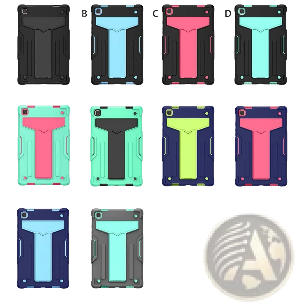 Rugged dual-layer shockproof case for galaxy tab a7 10.4 with t-shaped grip panel in multiple colors shown from back side