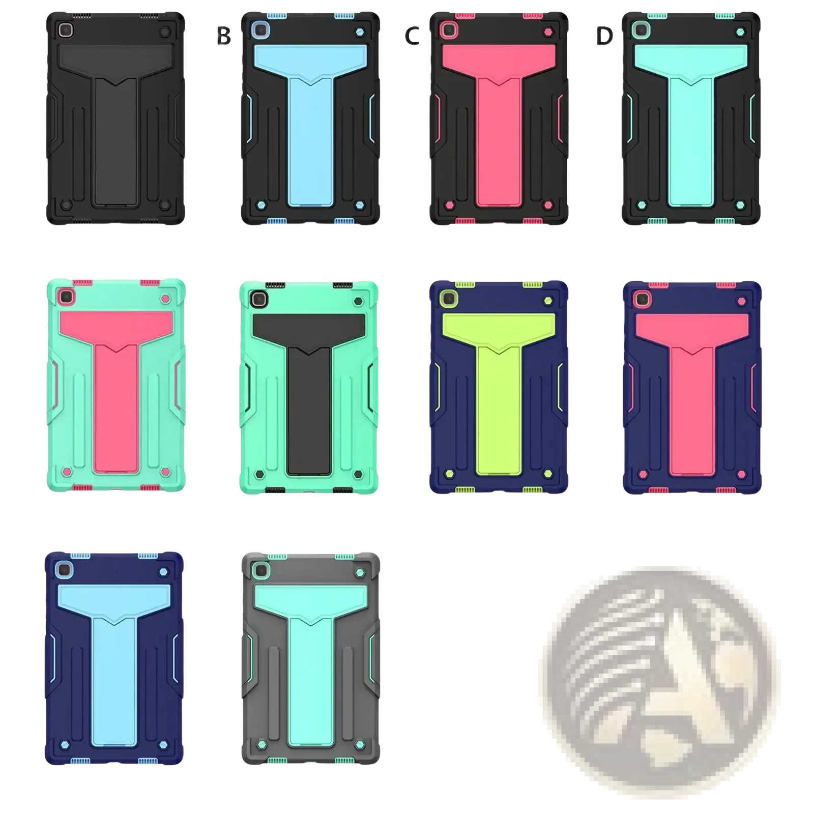 Rugged dual-layer shockproof case for galaxy tab a7 10.4 with t-shaped grip panel in multiple colors shown from back side