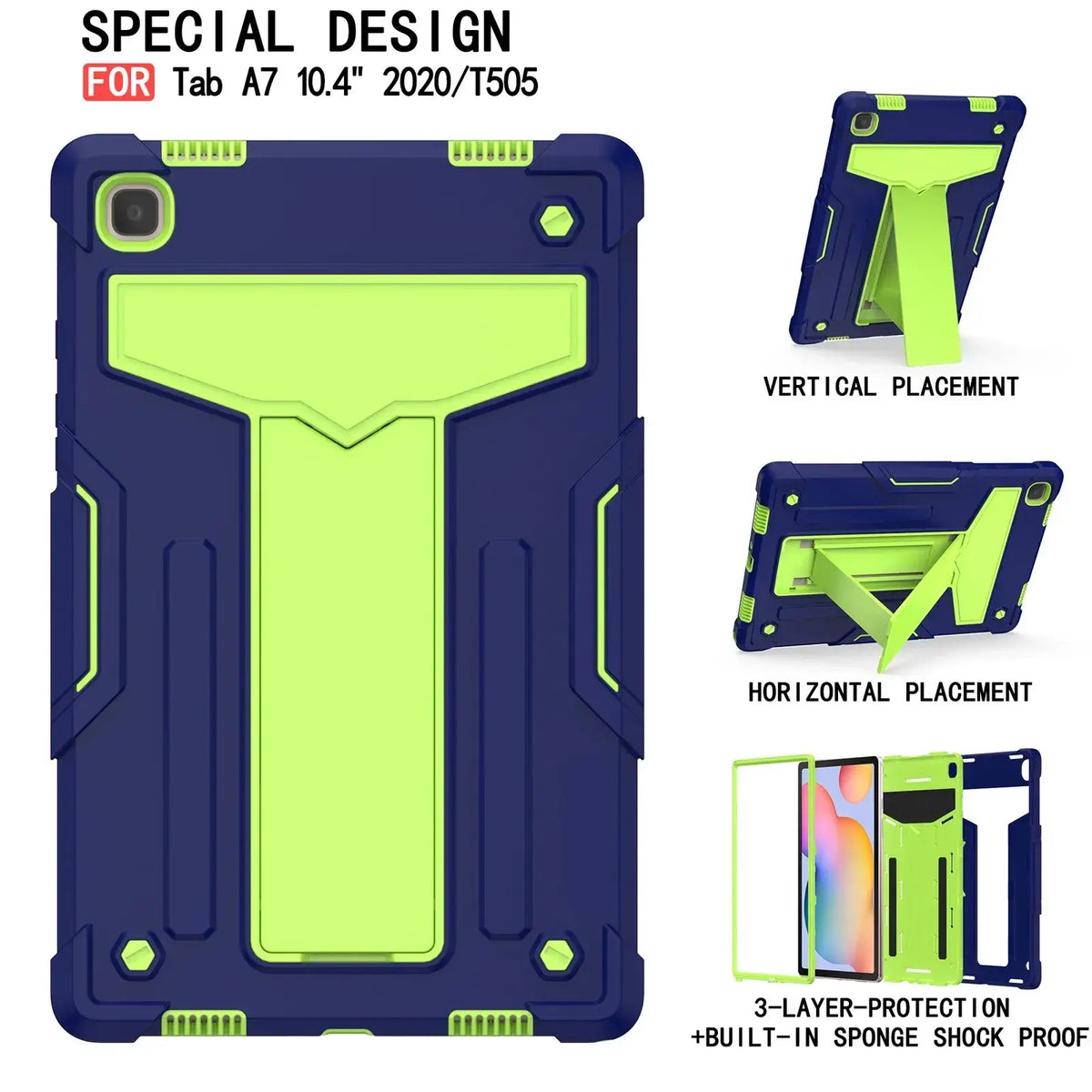 Navy blue and neon green rugged shockproof armored tablet case with built-in stand for Galaxy Tab A7 10.4 back side