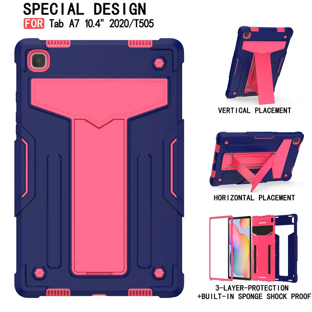 Navy blue and pink dual-layer rugged shockproof case with built-in stand for Galaxy Tab A7 10.4 back side view