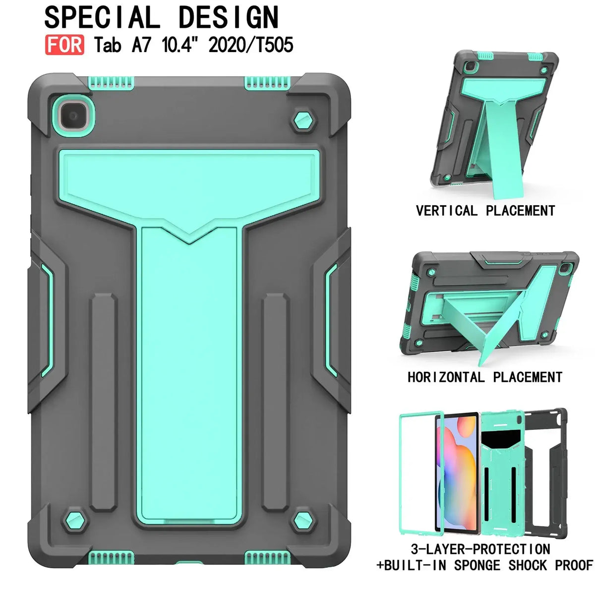 Rugged shockproof case stand for galaxy tab a7 10.4 with gray and mint green two-tone protective design