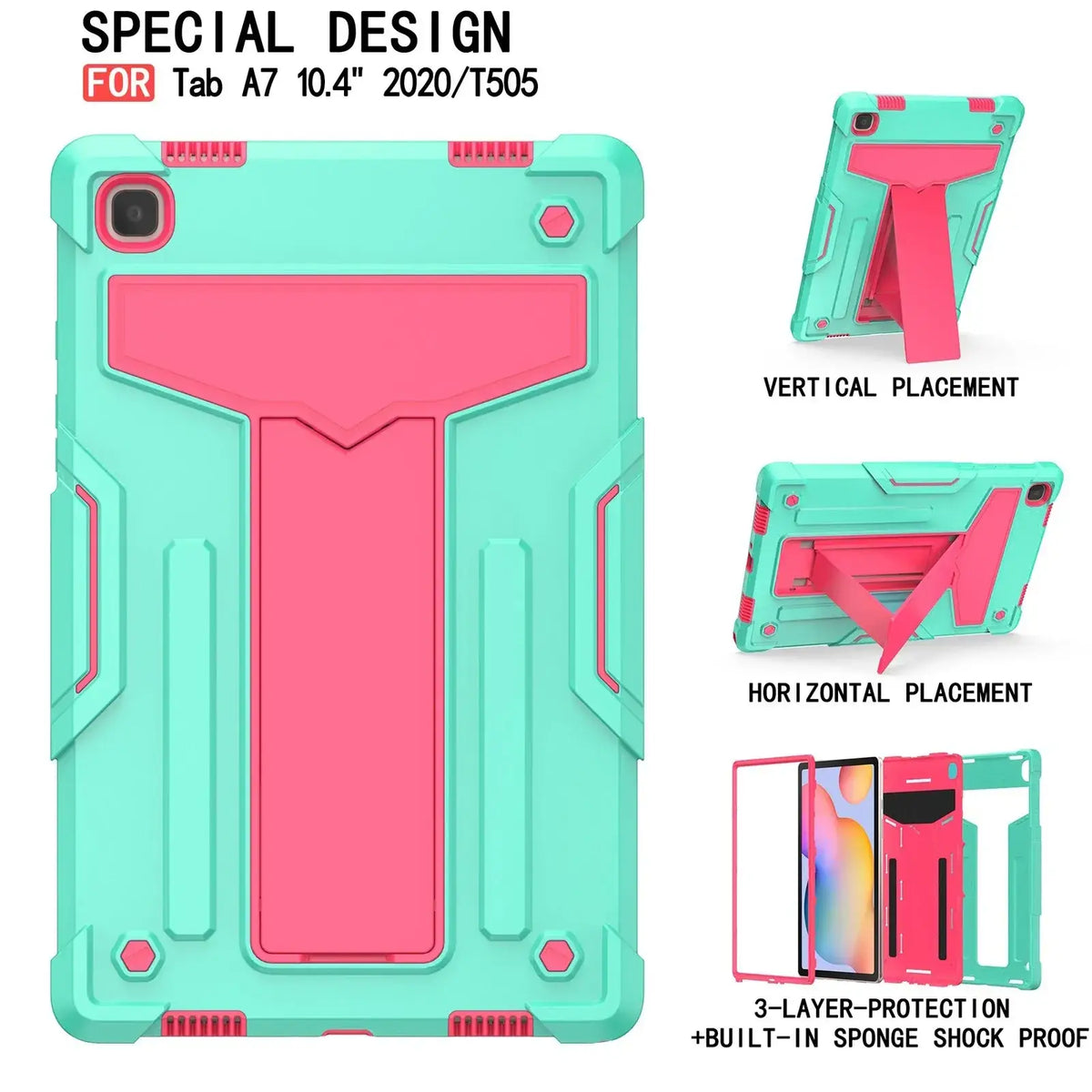 Back side of a teal and pink rugged shockproof protective case with built-in stand for galaxy tab a7 10.4 2020 tablet