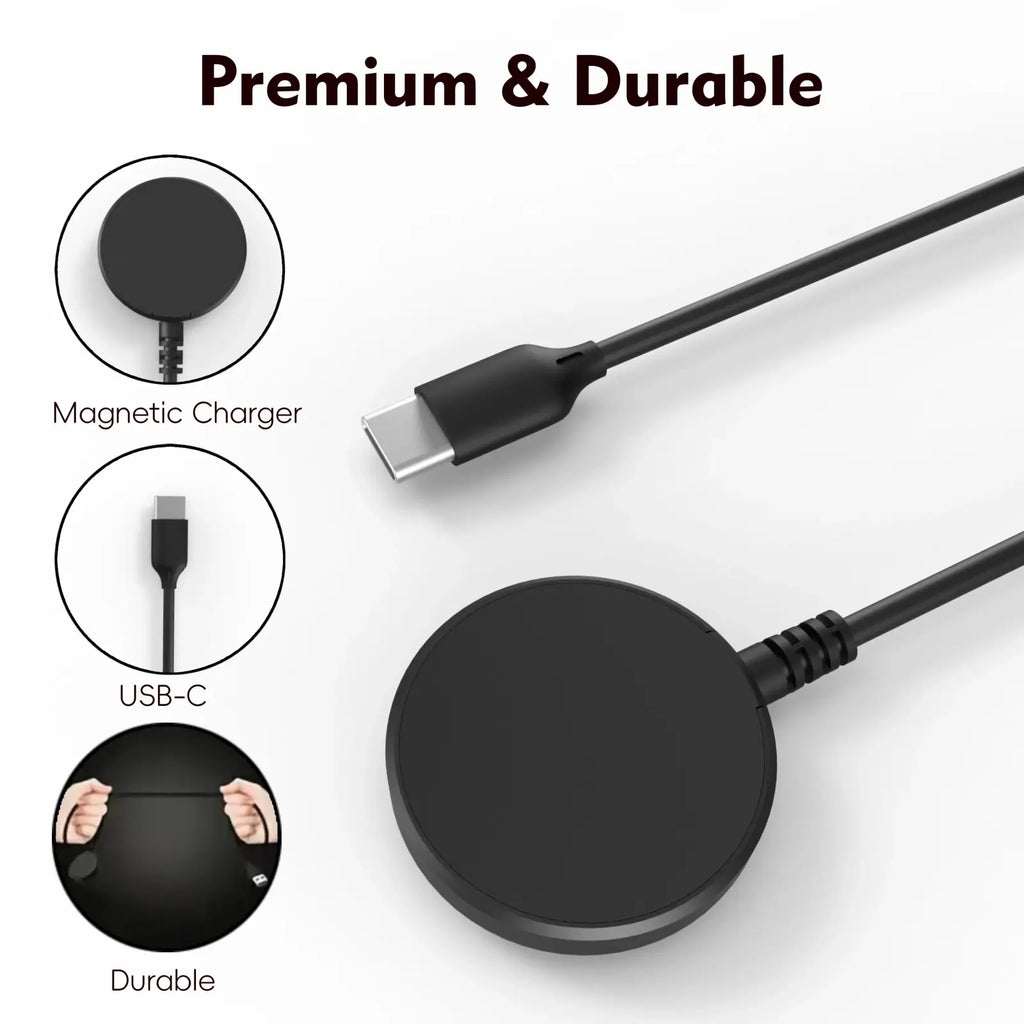 Black circular magnetic wireless charger for Galaxy Watch with USB-C cable for convenient charging