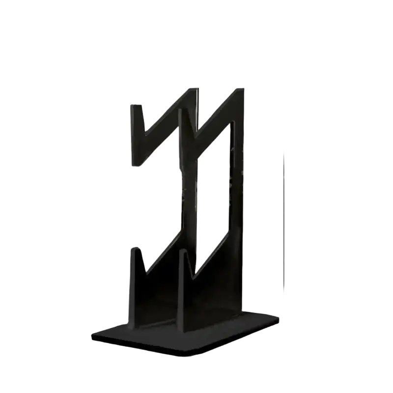The picture shows a black acrylic game controller holder with a zigzag design and two slots for holding items