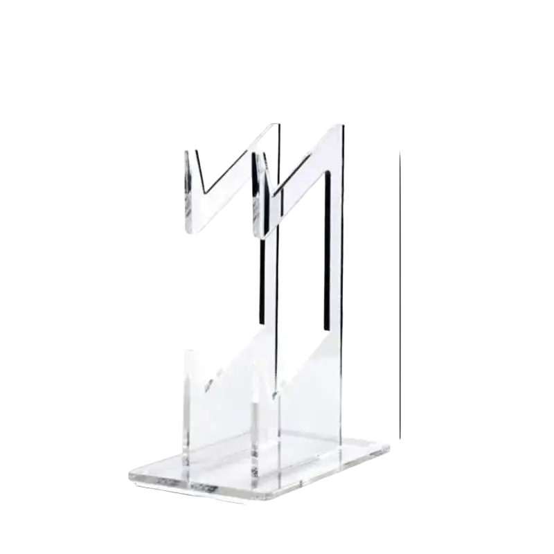 Picture shows clear acrylic game controller holder with sleek modern design and two angled slots for display