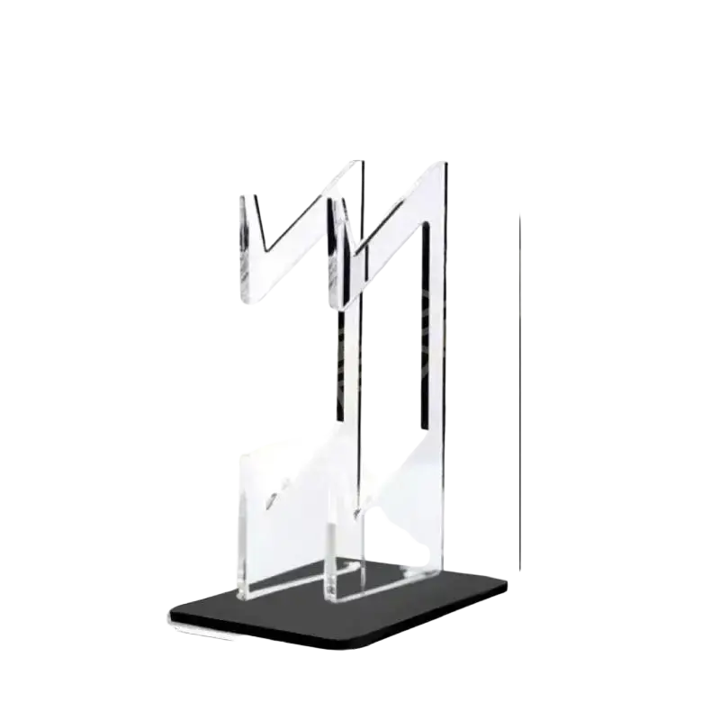 Picture shows a clear acrylic game controller holder with black base, modern geometric design, 19cm tall, 14cm wide base
