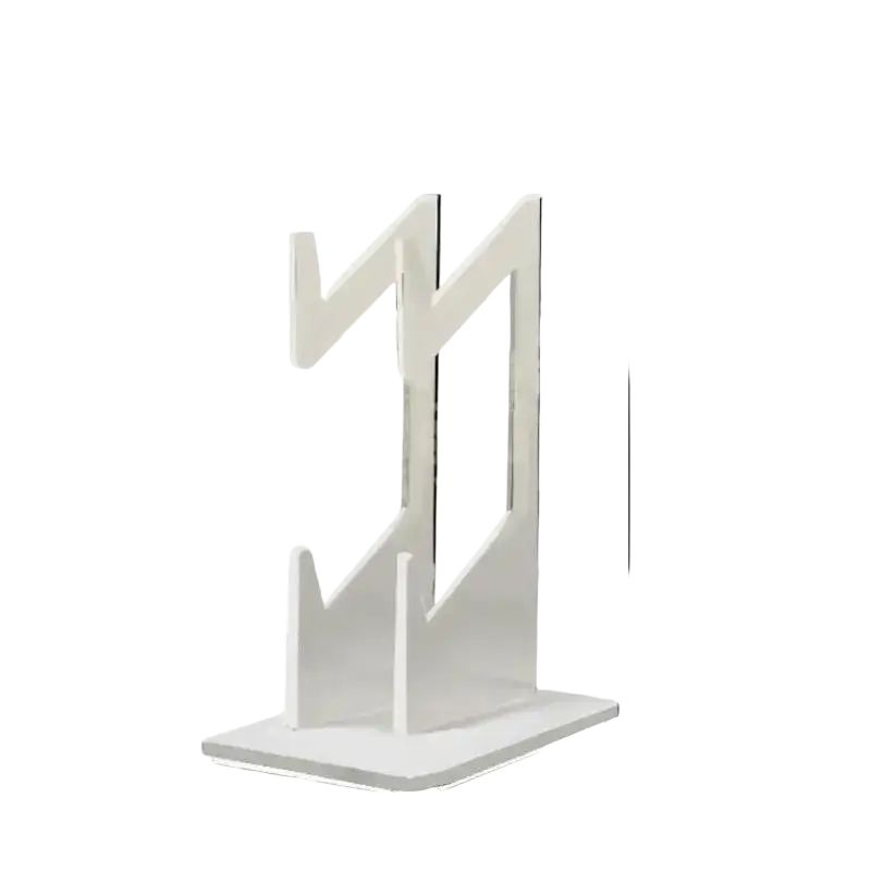 The picture shows a white acrylic game controller holder stand with two angled slots for displaying game controllers