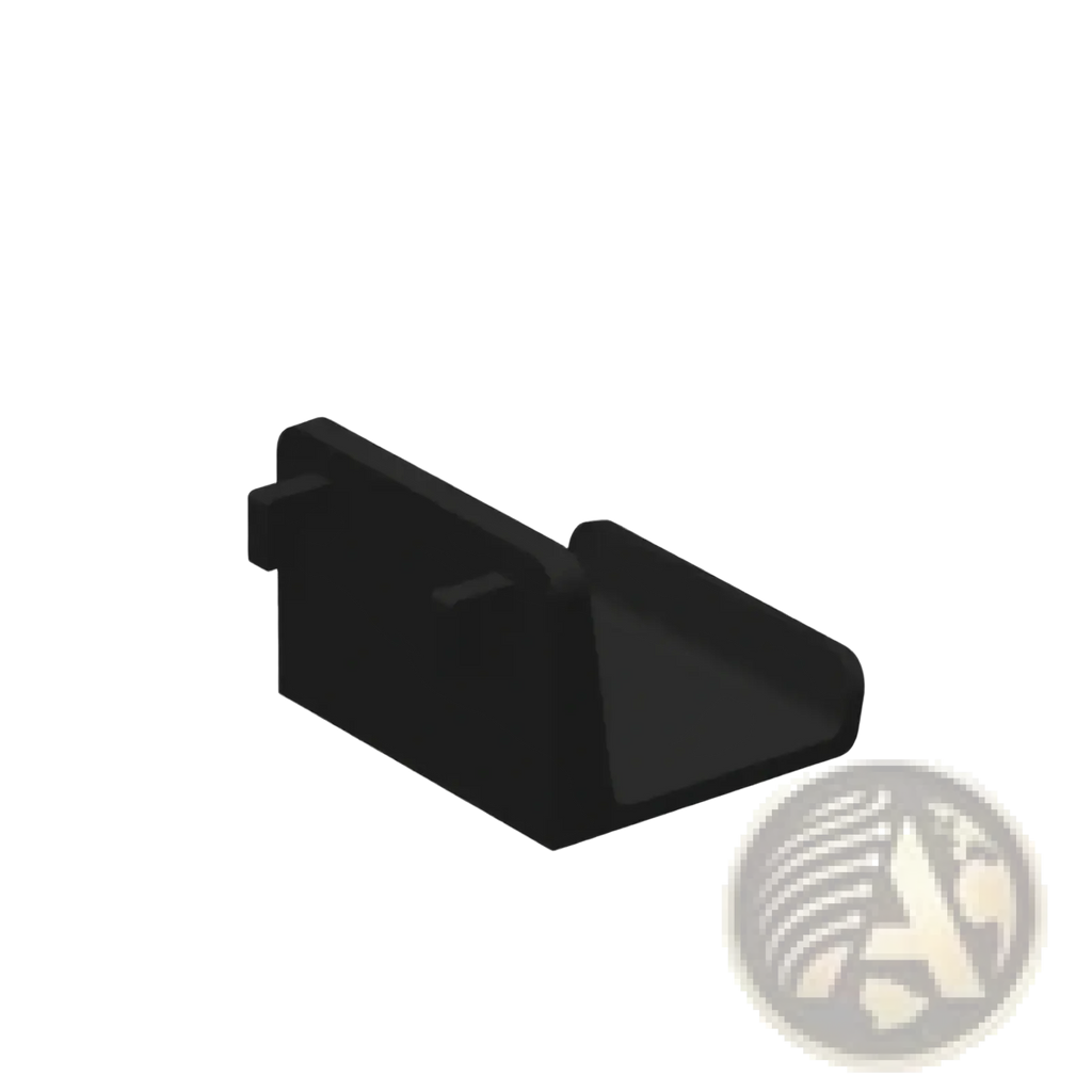 Black plastic game controller pegboard mount holder with sleek angular design and precise dimensions