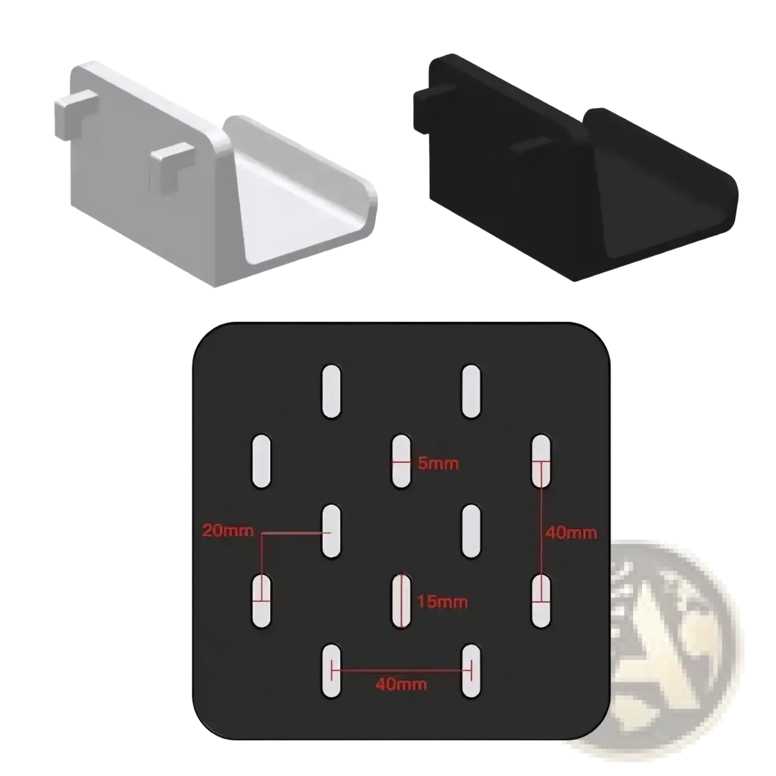 Black and white plastic game controller pegboard mount holder with precise dimensional markings for easy installation