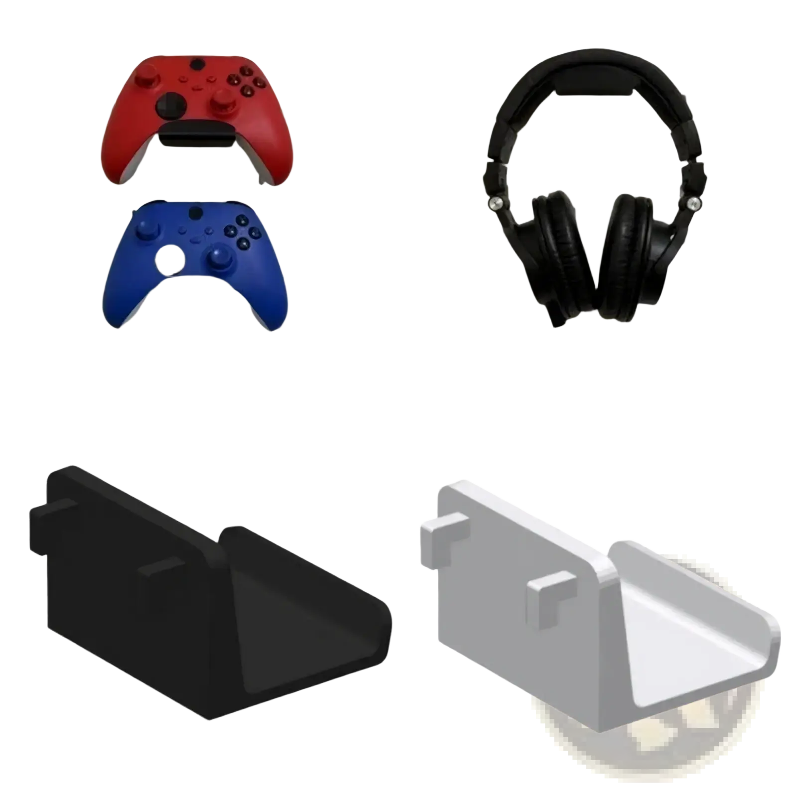 Game controller pegboard mount holder bracket featuring black and white plastic wall mounts for organized storage