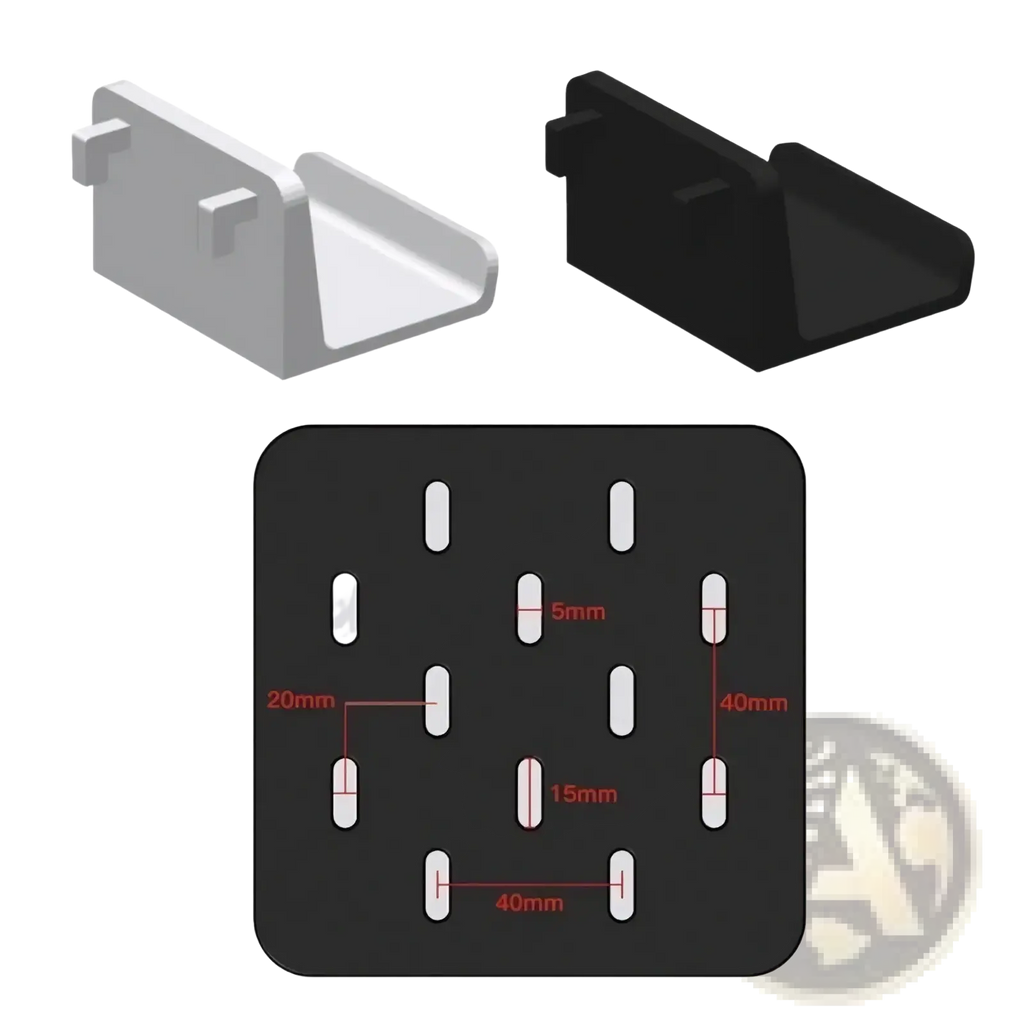 Game controller pegboard mount holder brackets in black and white plastic with precise 5mm to 40mm adjustable spacing markings