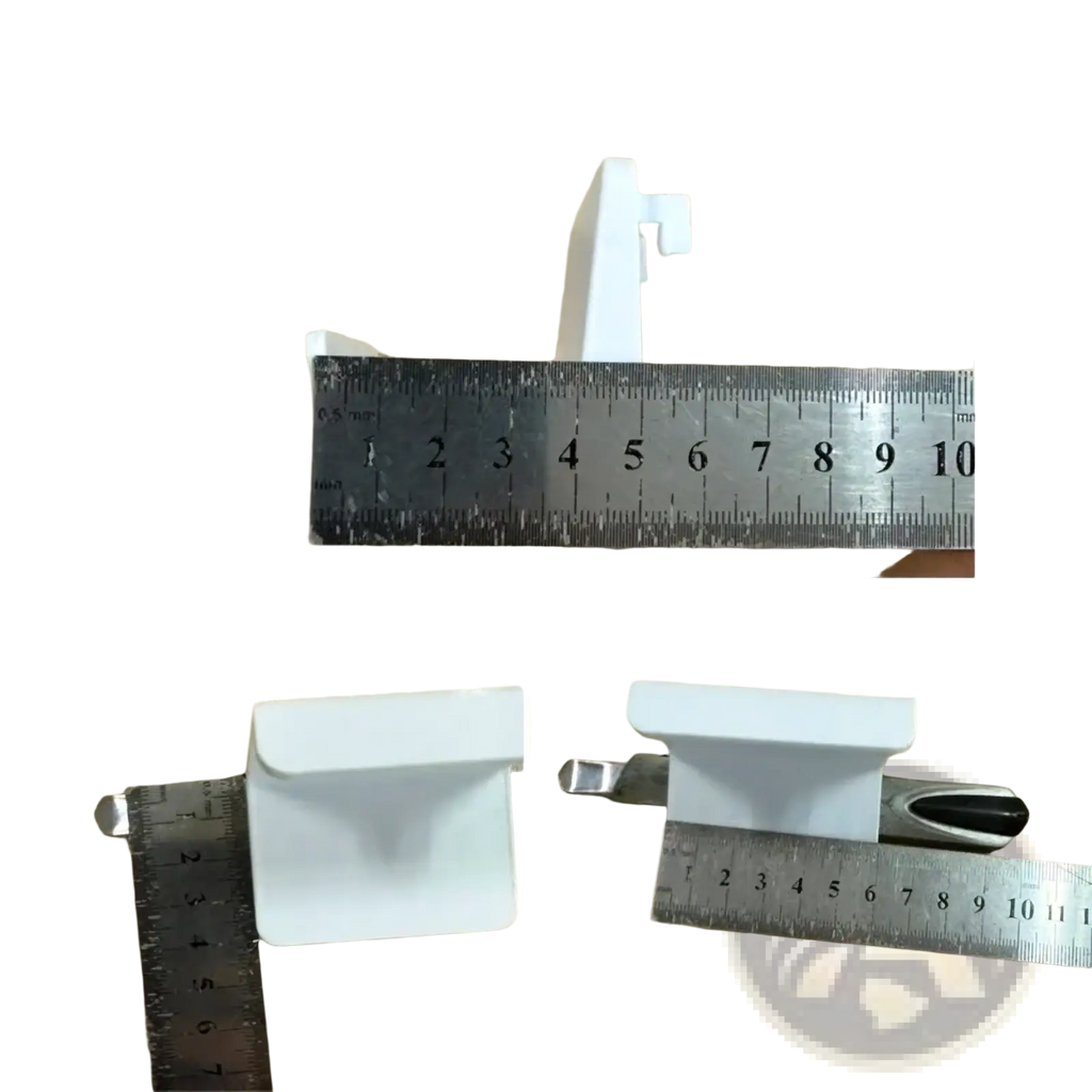 White plastic shelf bracket for game controller pegboard mount holder shown from the back side