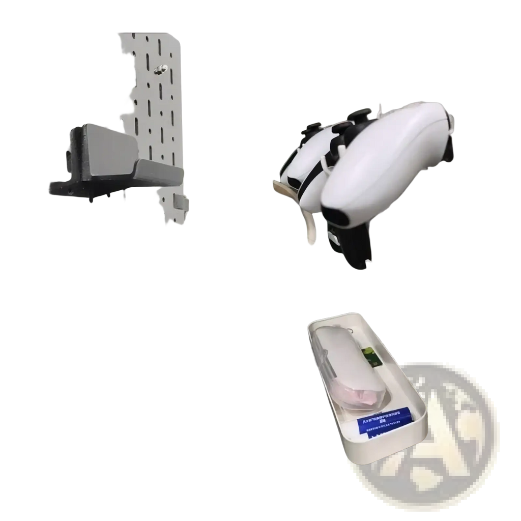 White PlayStation 5 controller with black accents mounted on a pegboard using a game controller pegboard mount holder bracket