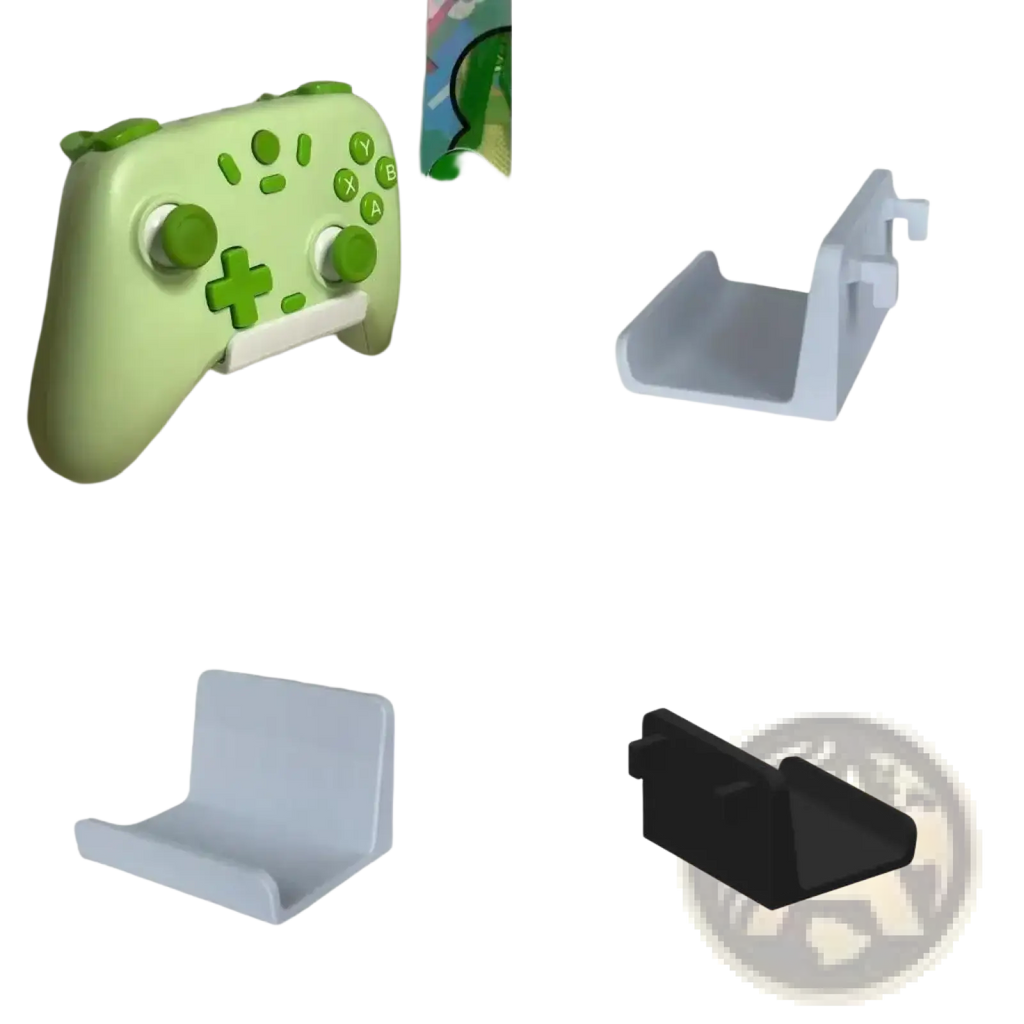 Light green plastic game controller mounted on a wall bracket for organized storage and display