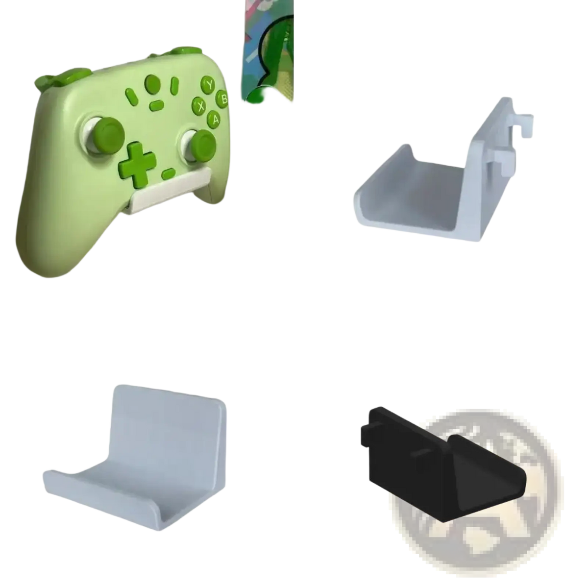 Light green plastic game controller mounted on a wall bracket for organized storage and display