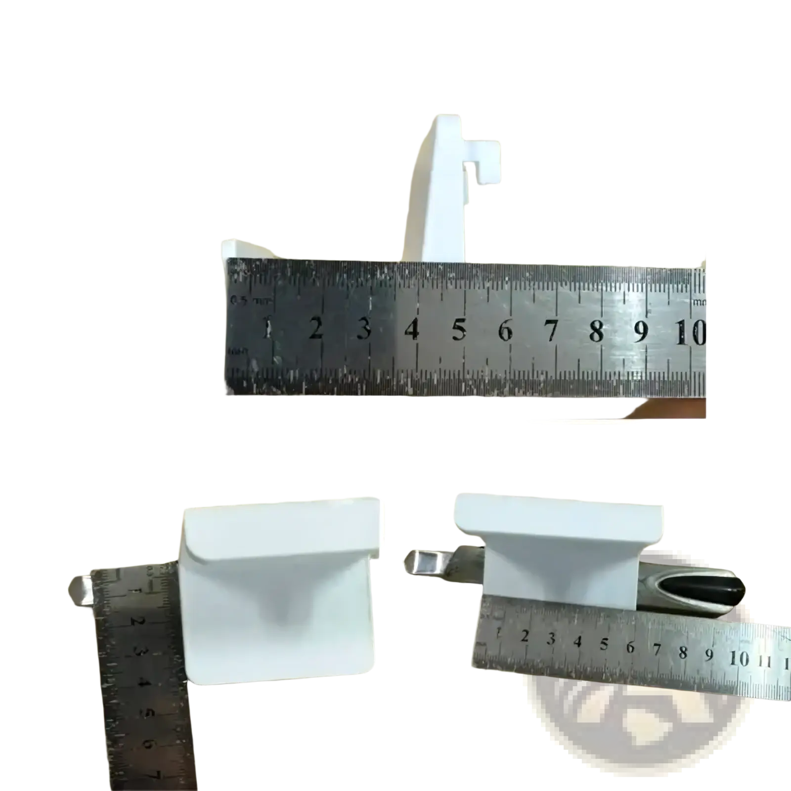 White plastic shelf bracket with flat base and upward-curving arm for game controller pegboard mount holder