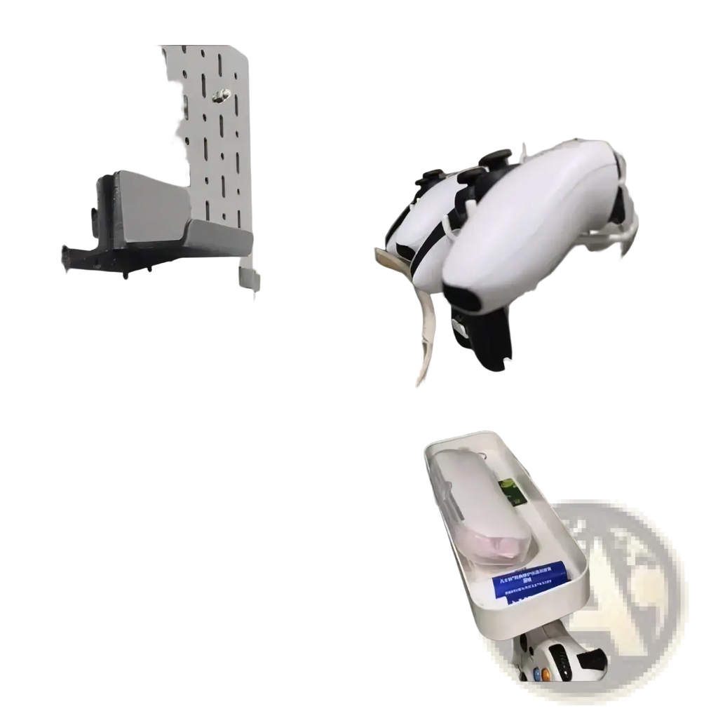White PlayStation 5 controller mounted on a wall-mounted pegboard mount holder for organized storage