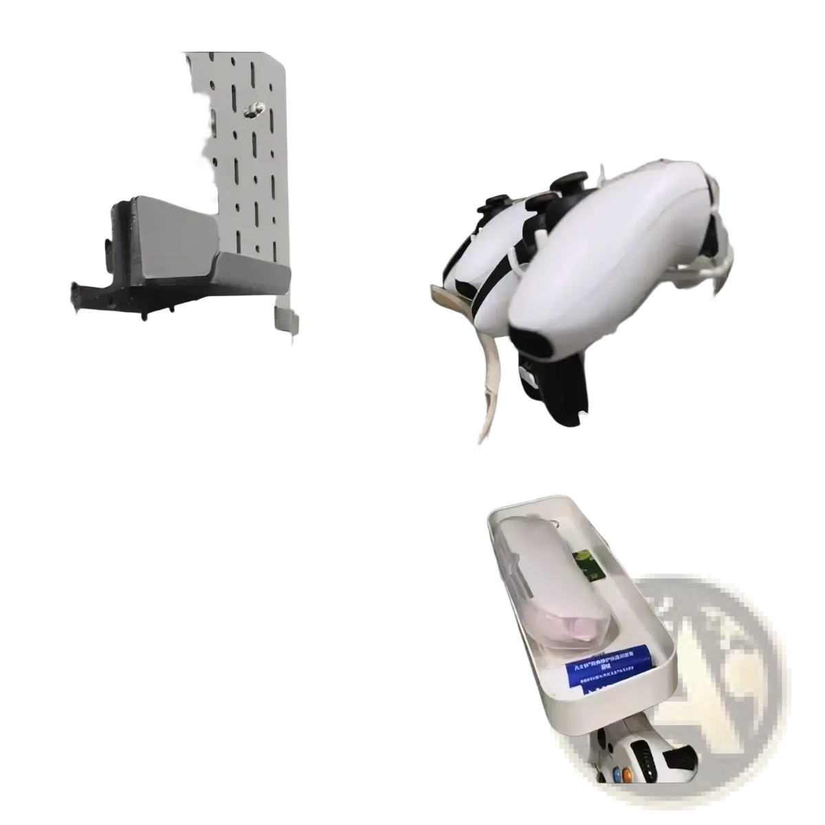 White PlayStation 5 controller mounted on a wall-mounted pegboard mount holder for organized storage