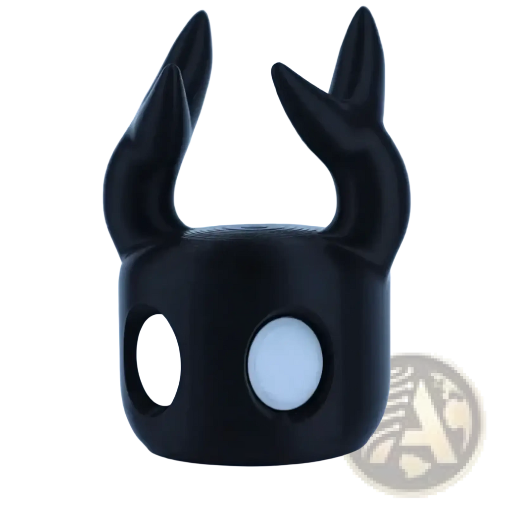 Black glossy 3d-printed game controller stand with two pointed horns and circular eye cutouts for desktop display