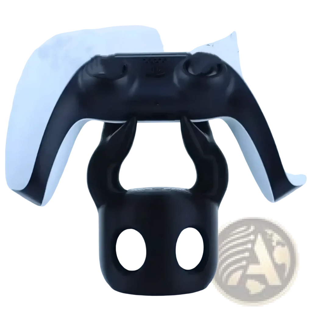 Black plastic devil-shaped universal game controller stand holding black and white playstation 5 dualsense controller