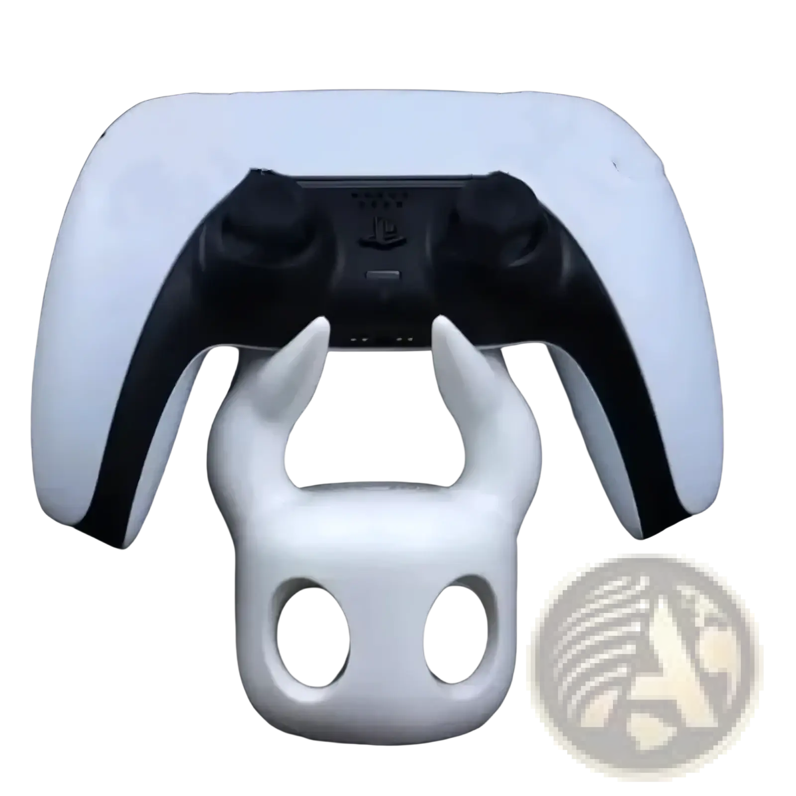 White plastic hollow knight-themed game controller stand with horned head design universal desktop holder display