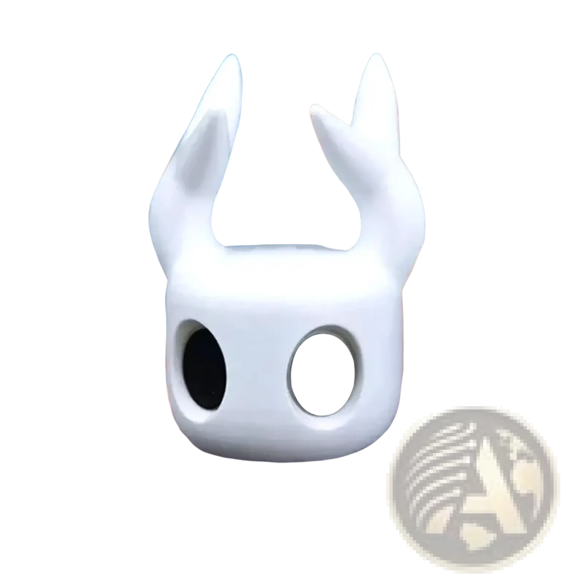White smooth hollow knight head-shaped game controller stand with large black eyes and pointed ears for desktop display